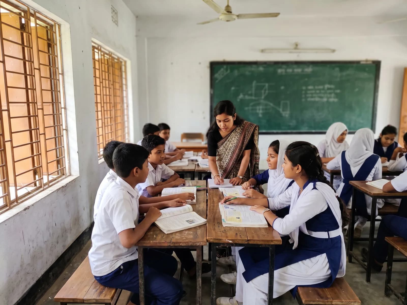 Class VI and VII students working together in small groups at their desks as a teacher helps them
