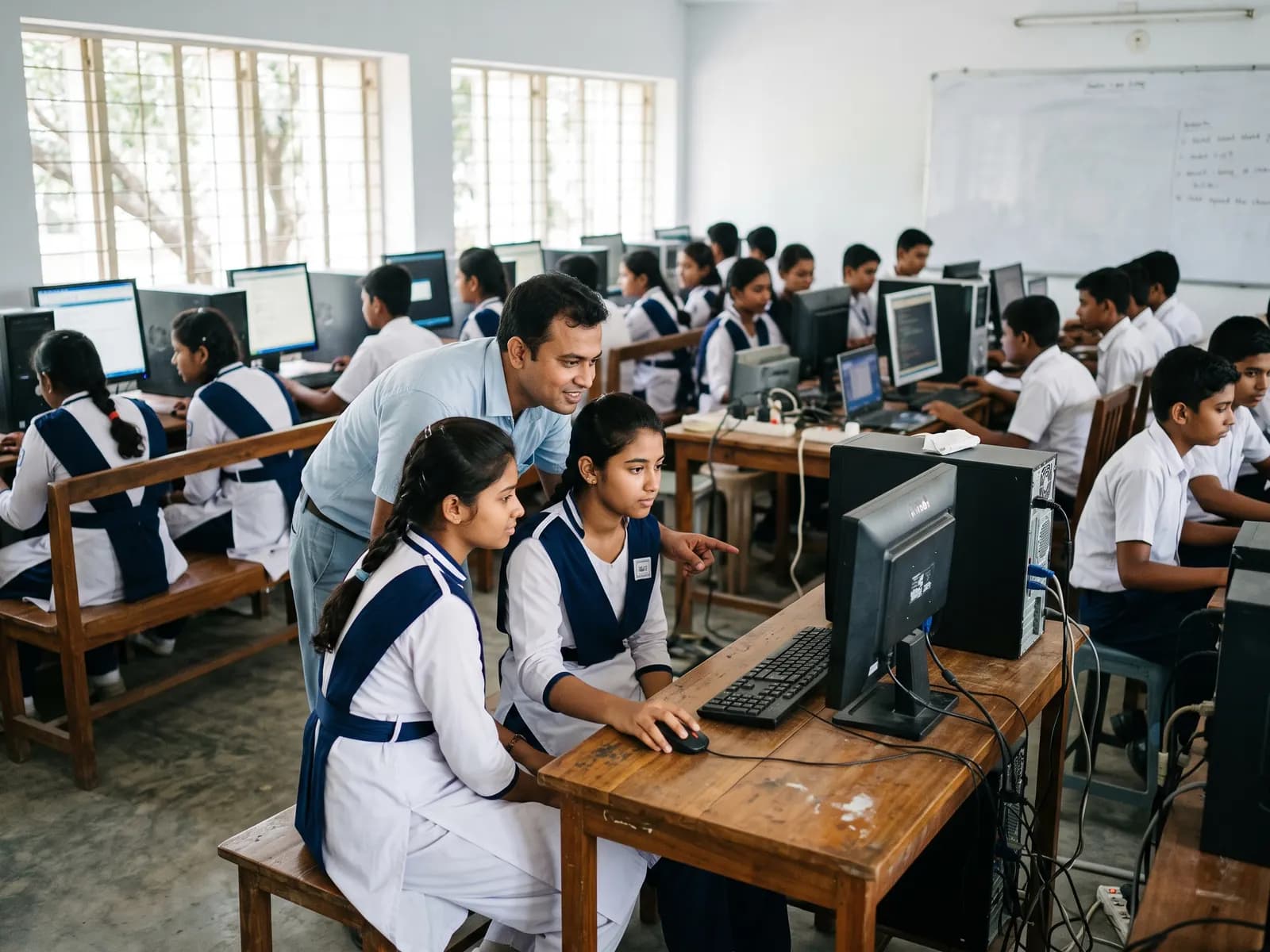 Students working in pairs at desktop computers while a teacher helps them in the ICT lab