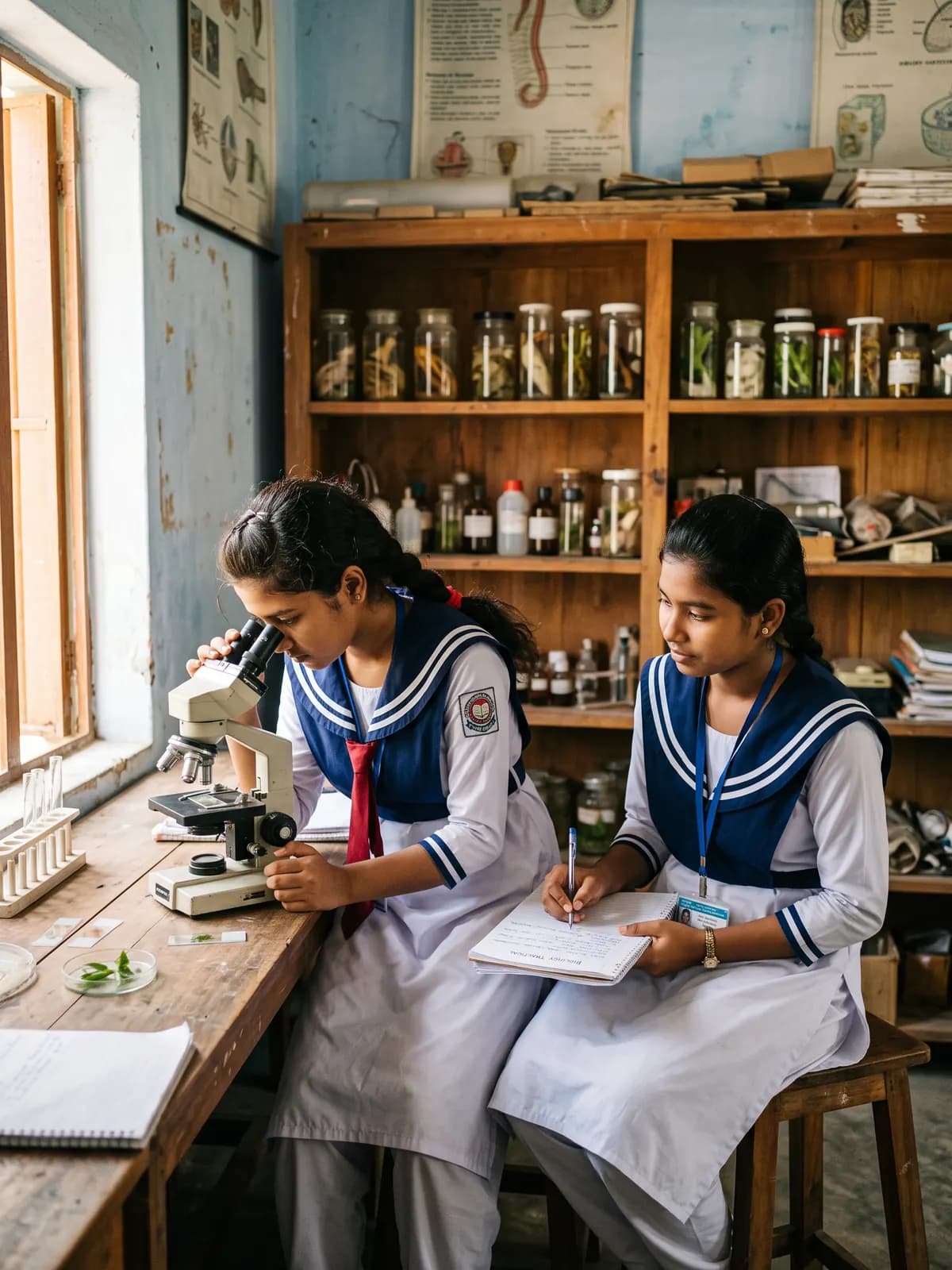 A student looks into a microscope while her classmate takes notes in the biology laboratory
