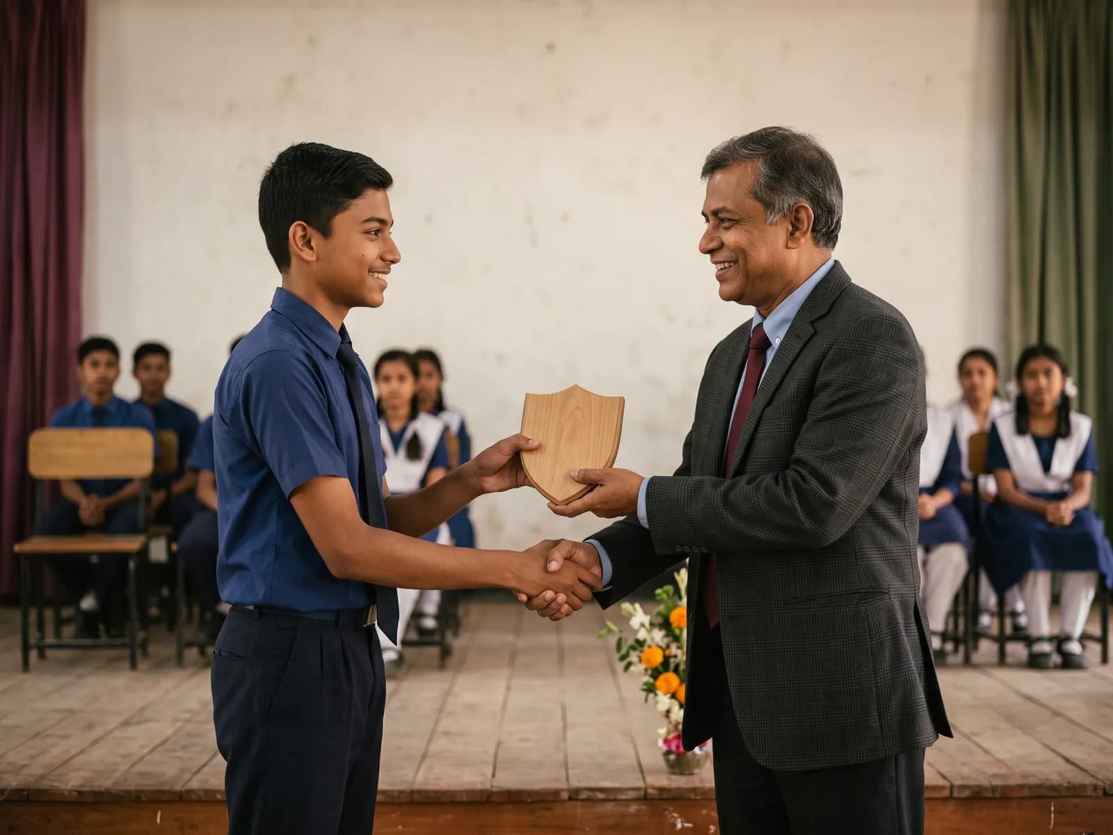 A student receives a crest at the prize-giving ceremony