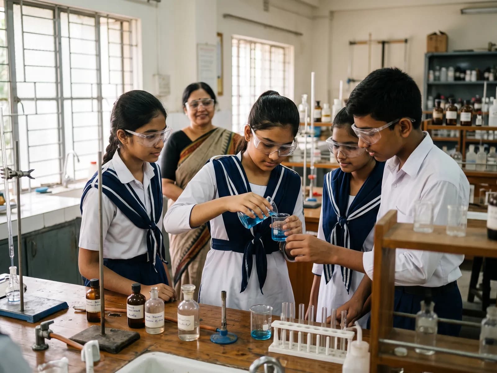 Students conducting a chemistry experiment