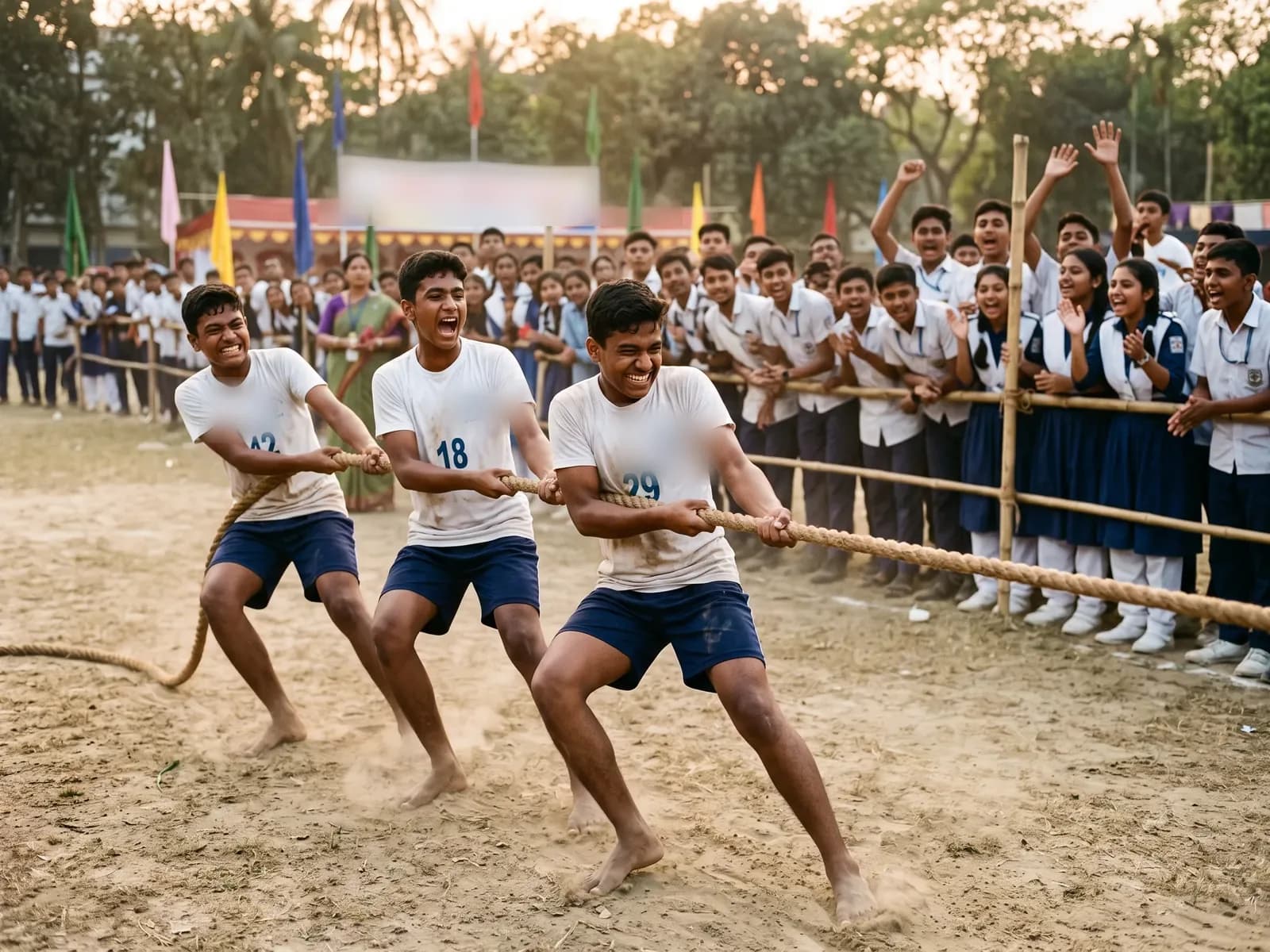 Students pull hard on the rope during the tug of war final