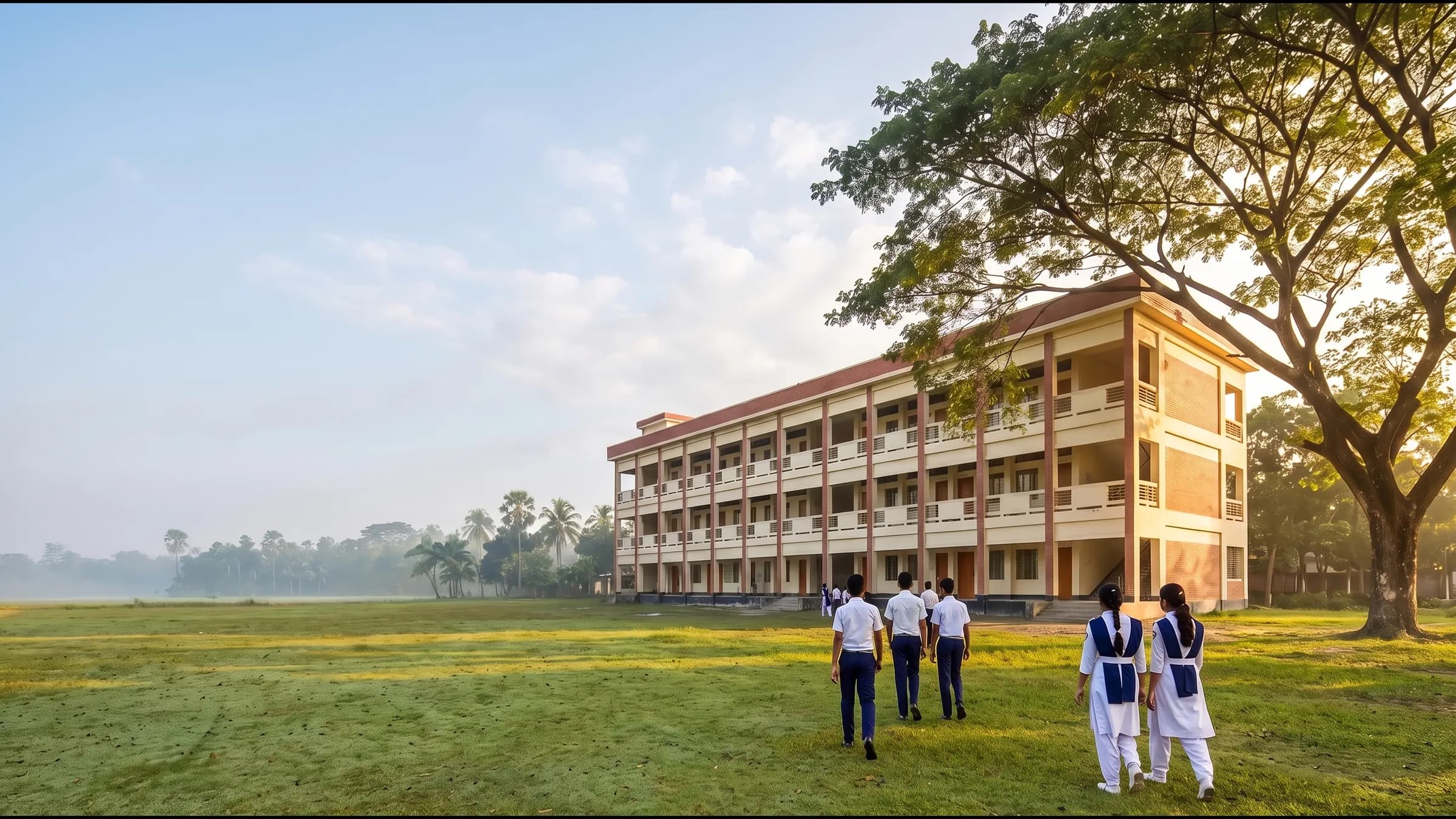 Sunrise Model High School's main academic building at morning, students arriving across the green field