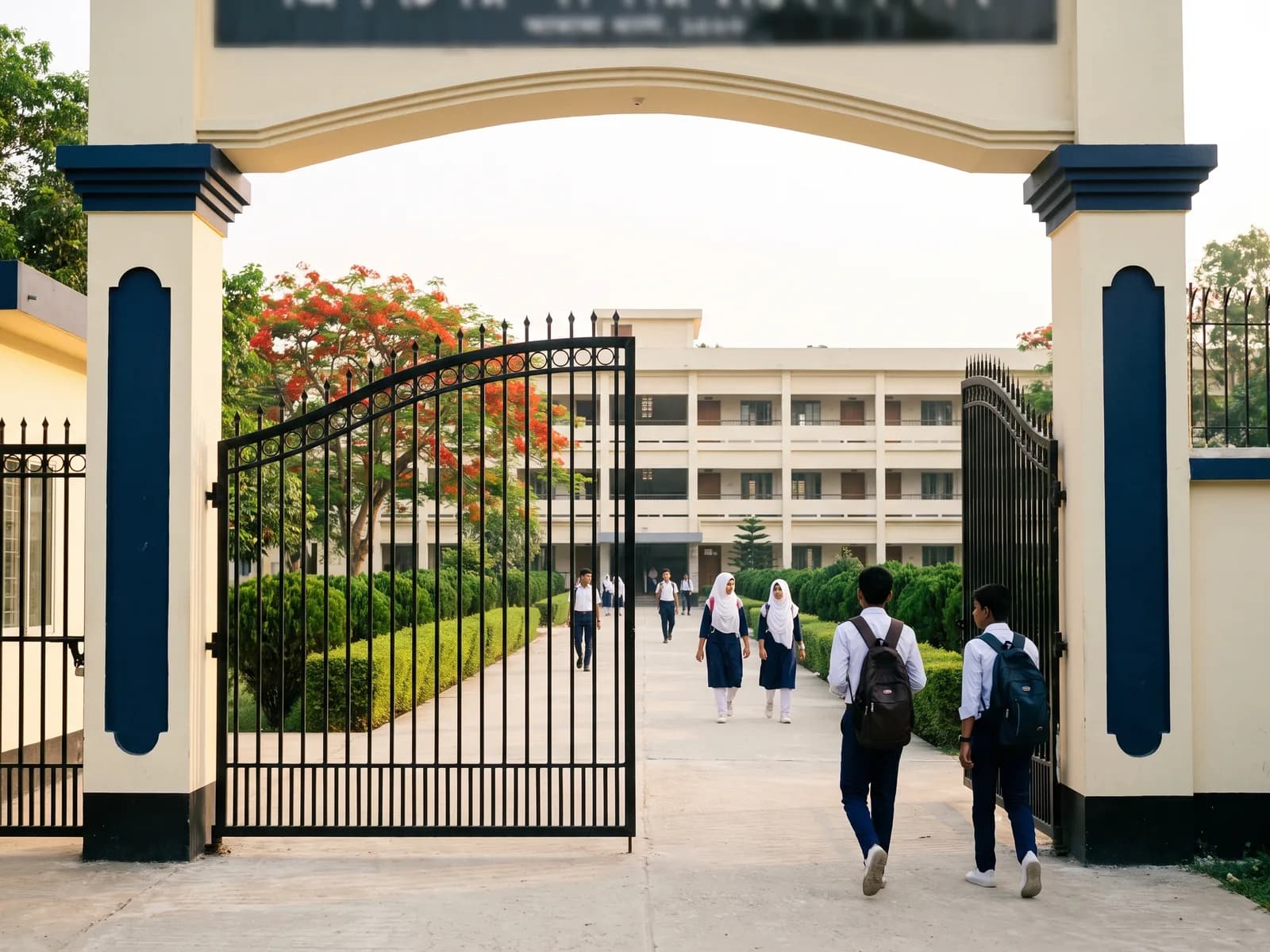 Main gate of Sunrise Model High School with students walking up the tree-lined path to the academic building